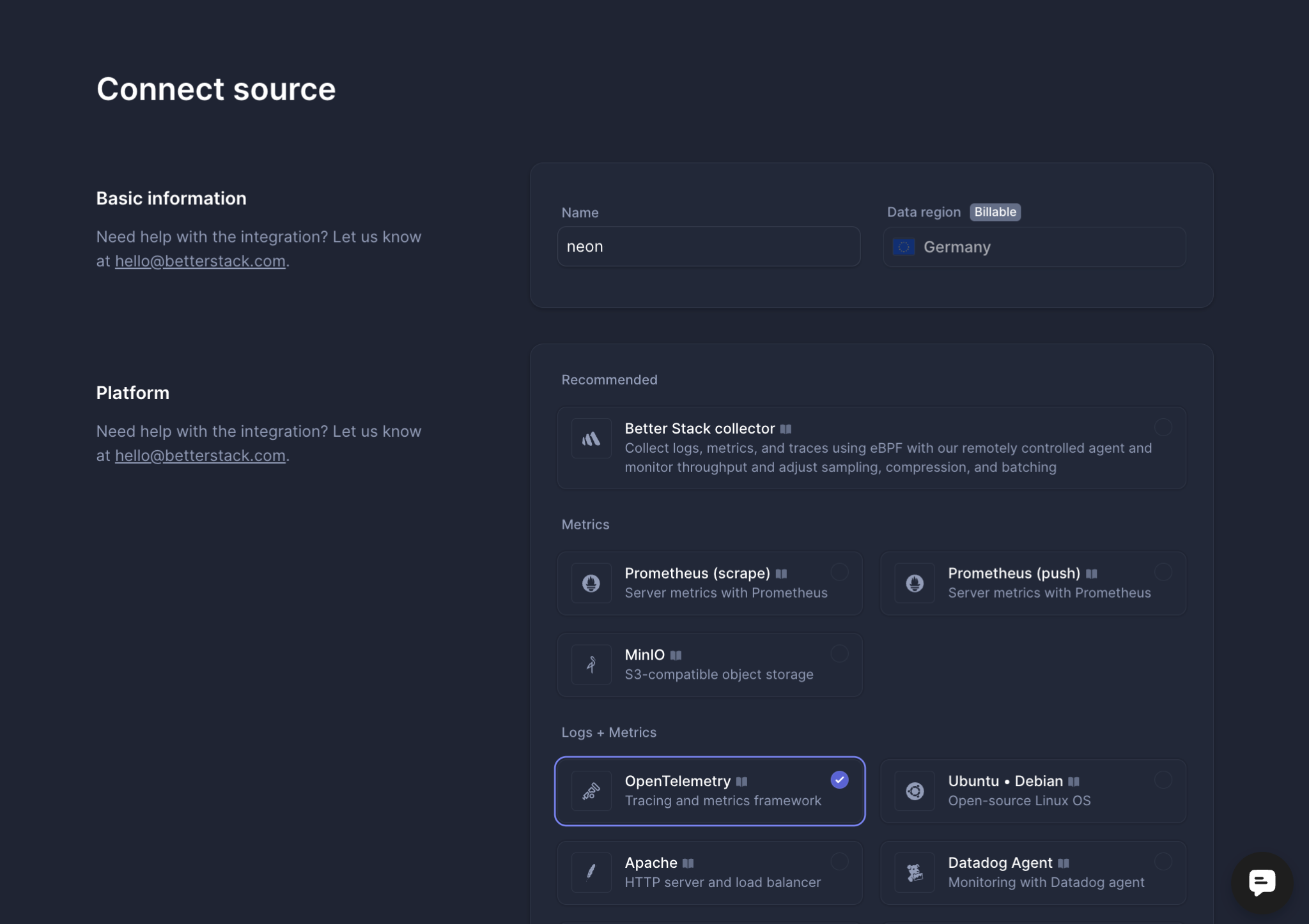 Configuring the OpenTelemetry source in Better Stack